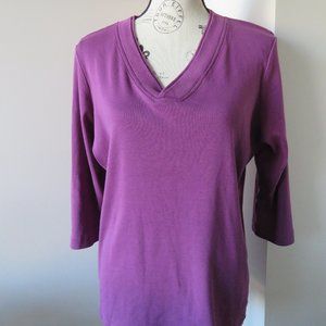 New 100% Cotton Purple V-Neck T-Shirt With 3/4 Length Sleeves